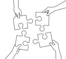 métaphore du travail d'équipe concept avec pièce de puzzle dans l'illustration vectorielle de style ligne à la main vecteur