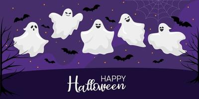 Joyeux Halloween. modèle de conception d'illustration vectorielle pour bannière ou affiche. concept d'halloween avec des chauves-souris et des fantômes. vecteur