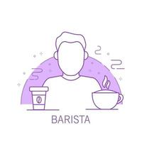 personnage de dessin animé de contour de barista avec un cappuccino et une tasse de café en papier.boisson chaude. vecteur d'art en ligne isolé sur fond blanc.