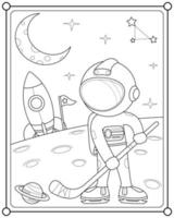 astronaute mignon jouant au hockey planète dans l'espace adapté à l'illustration vectorielle de la page de coloriage pour enfants vecteur