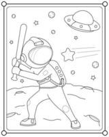 astronaute mignon jouant au ballon de la planète avec une batte de baseball dans un espace adapté à l'illustration vectorielle de la page de coloriage pour enfants vecteur