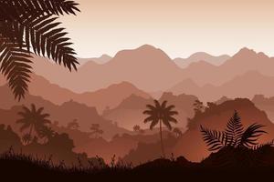 belle illustration de paysage vectoriel - lever de soleil chaud et paisible sur les montagnes, l'océan et la forêt. concept de voyage, randonnée, plein air et aventure. utiliser comme arrière-plan ou fond d'écran.