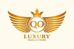 lettre d'aile royale de luxe qo crête logo couleur or vecteur, logo de victoire, logo de crête, logo d'aile, modèle de logo vectoriel. vecteur