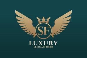 lettre d'aile royale de luxe sf crête or couleur logo vecteur, logo de victoire, logo de crête, logo d'aile, modèle de logo vectoriel. vecteur