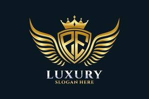 lettre d'aile royale de luxe pe crête vecteur de logo couleur or, logo de victoire, logo de crête, logo d'aile, modèle de logo vectoriel.