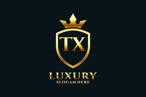 logo monogramme de luxe élégant initial tx ou modèle de badge avec volutes et couronne royale - parfait pour les projets de marque de luxe vecteur