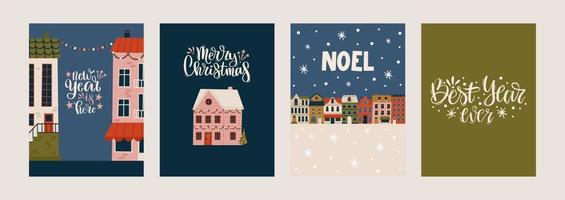 joyeux noël et bonne année jeu de cartes de voeux, affiches avec diverses petites maisons. conception de noël avec lettrage, arbre, ville, flocons de neige dans un style d'art moderne. illustration tendance dessinée à la main vecteur