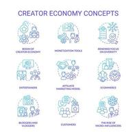 jeu d'icônes de concept de gradient bleu créateur économie. créateur de contenu. le marketing numérique. idée de commerce électronique illustrations en couleur de ligne mince. symboles isolés. vecteur