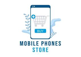 modèle de magasin de téléphonie mobile illustration plate de dessin animé dessiné à la main avec des modèles de téléphones, des tablettes, la vente au détail de gadgets, d'autres appareils et accessoires vecteur