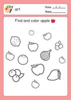 contour de fruits à colorier noir et blanc sur la recherche de pomme dans la feuille d'exercices de sujets scientifiques kawaii doodle vector cartoon