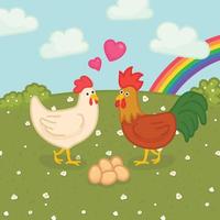 les poules et le coq donnent de l'amour aux oeufs kawaii doodle illustration vectorielle de dessin animé plat vecteur