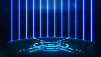hologramme numérique bleu du podium avec anneaux numériques et croix dans une pièce sombre avec mur de lampes néon verticales en ligne sur fond. vecteur
