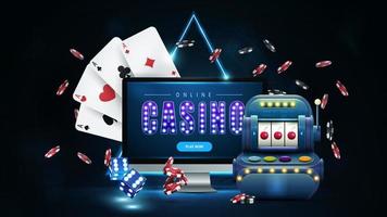 casino en ligne, bannière avec moniteur, machine à sous, jetons de poker et cartes à jouer dans une scène sombre avec bordure triangle néon bleu sur fond vecteur