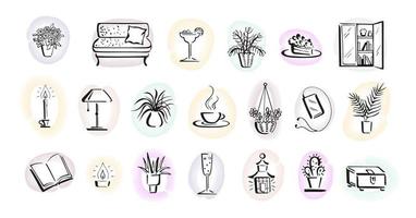 home hygge, ambiance relax. doodle d'objets intérieurs. loisirs et style de vie intérieur vecteur