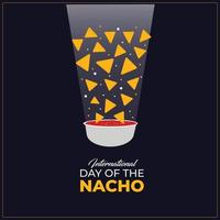 journée internationale du nacho. 21 octobre. chips de maïs nachos mexicains avec icône de sauce salsa rouge. modèle pour le fond, la bannière, la carte, l'affiche. illustration vectorielle.