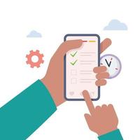 main tenant le smartphone avec l'application de liste de contrôle. illustration de tâches commerciales réussies. vecteur