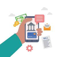 application bancaire en ligne sur Internet sur téléphone mobile, transferts de fonds d'achat et de transaction et illustration de virement bancaire. vecteur