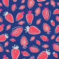 modèle sans couture avec des fraises dessinées à la main sur fond bleu. illustration vectorielle de conception de surface idéale pour les restaurants, les boulangeries, les textiles, la décoration intérieure. vecteur