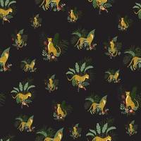 motif harmonieux de guépards sauvages de la jungle dans différentes poses et fleurs et feuilles exotiques. chats tropicaux sur fond noir. conception de surface animale vectorielle pour le textile, le tissu, le papier d'emballage vecteur