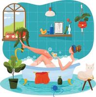 illustration vectorielle en style cartoon plat avec une fille prenant un bain tenant un cocktail. soins personnels, temps pour moi, temps pour soi. intérieur de salle de bain confortable avec articles ménagers, cosmétiques pour le soin de la peau. vecteur
