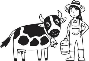 agricultrice dessinée à la main debout à côté de l'illustration de la vache vecteur