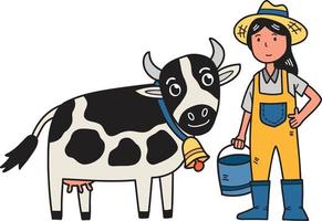 agricultrice dessinée à la main debout à côté de l'illustration de la vache vecteur
