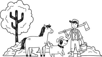 agriculteur dessiné à la main debout dans une ferme avec illustration de cheval et de chien vecteur