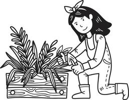 agricultrice dessinée à la main cueillant des fruits et légumes illustration vecteur