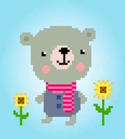 ours mignon pixel 8 bits avec des fleurs. actifs de jeu d'animaux en illustration vectorielle. vecteur