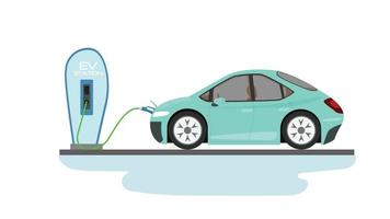 Stationnement de recharge de mini-voiture de véhicule électrique à la station de charge avec un câble enfichable. charge à l'avant de la voiture à la batterie. illustration vectorielle plane isolée sur fond blanc. vecteur