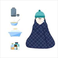 notion de gelure. homme avec chapeau enveloppé de plaid, plats chauds, thermos avec thé, bol de soupe, médicaments, baignoire. concept de soins de santé. illustration vectorielle vecteur