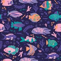 modèle sans couture avec des poissons océaniques sur fond bleu. graphiques vectoriels. vecteur