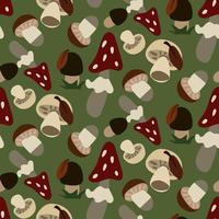 un motif aux champignons sur fond vert. illustrations pour enfants. drôles de champignons dans la dispersion. adapté à l'impression sur papier et textile. livre, illustration de cuisine. vecteur