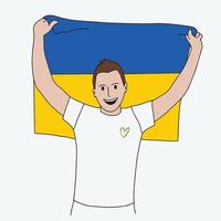 heureux jeune homme tenant le drapeau ukrainien. soutenir l'ukraine. personnage de contour simple dessiné à la main vecteur