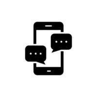 message texte sur l'icône de silhouette de téléphone portable. pictogramme de bulle de dialogue de chat en ligne de messagerie de téléphone intelligent. icône noire de notification sms de l'écran du smartphone. illustration vectorielle isolée. vecteur