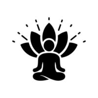 personne de yoga dans l'icône de silhouette de lotus de pose. méditation d'énergie spirituelle relax pictogramme. méditer relaxation asana exercice icône noire. bien-être zen. illustration vectorielle isolée. vecteur