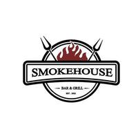 concept de logo vintage de maison de fumée. logo de barbecue, grill, fumoir avec modèle de timbre de flamme de feu. illustration vectorielle vecteur