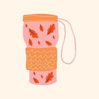 tasse thermos vintage. thermos rose thermos rétro chinois. jolies feuilles imprimées sur le côté. illustration isolée de vecteur coloré dessiné à la main. style de bande dessinée