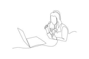 dessin au trait unique jeune belle fille beauté professionnelle vlogger enregistrement maquillage tutoriel à partager sur les réseaux sociaux. pratiquement concept. illustration vectorielle graphique de conception de dessin en ligne continue vecteur