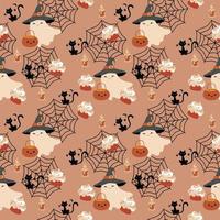 modèle sans couture plat halloween, fond de couleur orange douce, feuille de fantôme blanc avec chapeau de sorcière noir, chat noir, toile d'araignée, étoile, lune haft, pot de citrouille, bougie d'halloween et cupcakes. vecteur