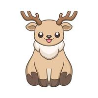 mignon, heureux, chibi, style, séance, renne, à, bois, dessin animé, animal, illustration. clipart de thème de noël de la faune d'hiver. vecteur