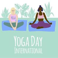 illustration de la journée internationale du yoga deux femmes faisant des asanas dans la nature. vecteur