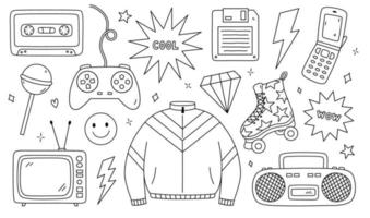 doodle ensemble d'articles des années 90 - cassette rétro, veste de sport, magnétophone, patin à roulettes, télévision, joystick, disquette, autocollants cool et wow, éclairs, diamants. nostalgie des années 90 vecteur