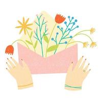 mains féminines tenant l'enveloppe avec des fleurs à l'intérieur. illustration vectorielle de dessin animé plat pour carte romantique ou de voeux. vecteur