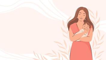 bannière sur la grossesse et la maternité avec place pour le texte. femme tenant bébé dans ses bras. Bonne fête des mères. illustration vectorielle plane. vecteur