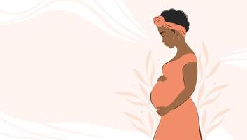 bannière sur la grossesse et la maternité avec place pour le texte. femme africaine enceinte, future maman étreignant le ventre avec les bras. illustration vectorielle. vecteur