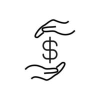 signes de soutien et de cadeau. image vectorielle isolée minimaliste pour les sites Web, les magasins, les magasins, les publicités. trait modifiable. icône de ligne vectorielle de dollar entre les mains tendues vecteur