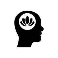 icône de silhouette de concept de bien-être du cerveau de lotus. bien-être paix, pictogramme de bien-être mental sain. symbole noir de yoga de méditation. créativité nature fleur. illustration vectorielle isolée. vecteur