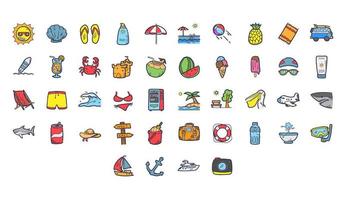 jeu d'icônes d'été simple lié à la plage, aux vacances, aux vacances, aux vacances et aux loisirs. icône dessinée à la main vecteur