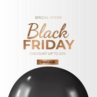 bannière de remise de promotion de vente vendredi noir avec ballon volant noir réaliste 3d avec fond blanc vecteur